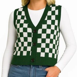 Amazon Green and White Checkered V-Neck Sweater Vest
